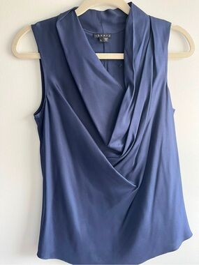 Theory Navy Draped Silk-Blend Sleeveless Camisole